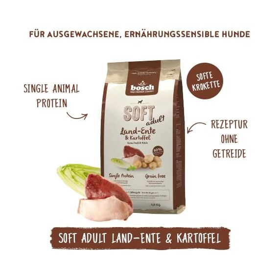 bosch HPC SOFT Land-Ente & Kartoffel | halbfeuchtes Hundefutter für ausgewachsene Hunde aller Rassen | Single Protein | grain-free | 1 x 1 kg
