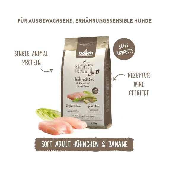 bosch HPC SOFT Hühnchen & Banane | halbfeuchtes Hundefutter für ausgewachsene Hunde aller Rassen | Single Protein | grain-free | 1 x 1 kg