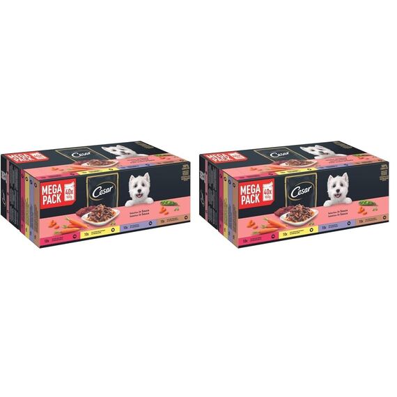 Cesar Selektion in Sauce Premium Hunde Nassfutter im Portionsbeutel 4 Varietäten 40x100g (Packung mit 2)