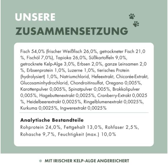 Irish Pure 12kg Trockenfutter Adult | Irischer Weißfisch mit Gemüse & Kelp-Alge | Hoher Fleischanteil | Getreidefrei | Hypoallergen | Single-Protein Hundefutter für ausgewachsene Hunde Aller Rassen