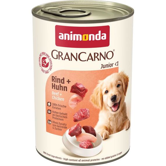 animonda GranCarno Hunde Nassfutter mit Rind + Huhn (6 x 400g), Welpenfutter nass ohne Getreide für Junge Hunde, mit frischen fleischigen Zutaten, Junior Hundefutter