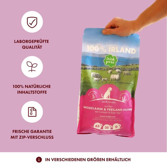 Irish Pure Trockenfutter Adult | 1,5kg | Weidelamm & Freiland-Huhn mit Kelp-Alge | Hoher Fleischanteil | Getreidefrei | Sensitiv | Hundetrockenfutter | Hundefutter für alle Rassen