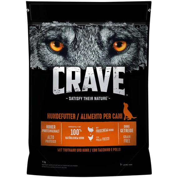 CRAVE Premium Trockenfutter mit Truthahn & Huhn für Hunde – Getreidefreies Adult Hundefutter mit hohem Proteingehalt – 6 x 1 kg