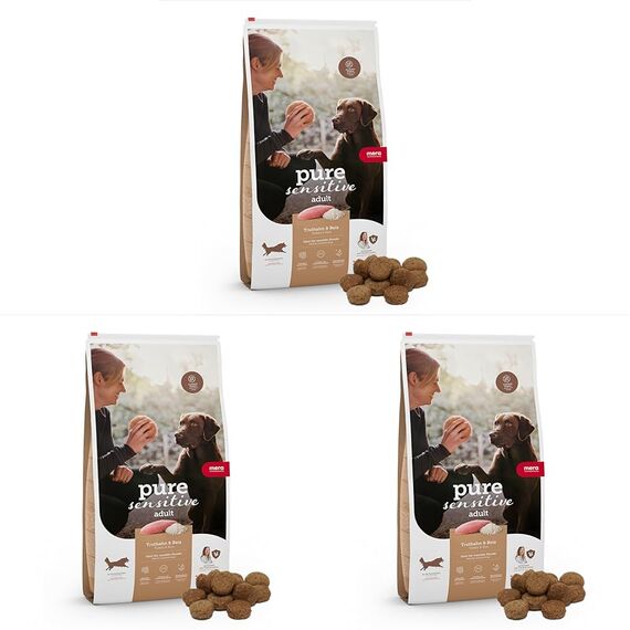 MERA Pure Sensitive Truthahn & Reis, Hundefutter trocken für Sensible Hunde, Trockenfutter aus Truthahn und Reis, Futter für ausgewachsene Hunde, ohne Weizen und Zucker (4 kg) (Packung mit 3)