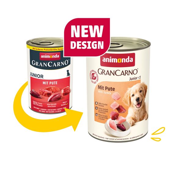 animonda GranCarno Hunde Nassfutter mit Pute (6 x 400g), Welpenfutter nass ohne Getreide für Junge Hunde, mit frischen fleischigen Zutaten, Junior Hundefutter