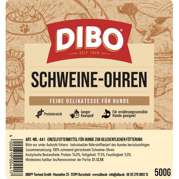 DIBO Schweineohren, 500g-Beutel, der kleine Naturkau-Snack oder Leckerli für Zwischendurch, Hundefutter, Qualitätskauartikel ohne Chemie