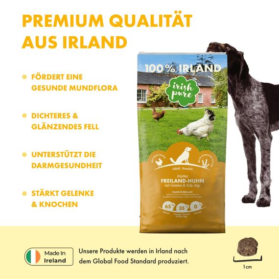 Irish Pure Trockenfutter Adult | 4kg | Freiland-Huhn mit Kelp-Alge & Gemüse | Hoher Fleischanteil | Getreidefrei | Sensitiv | Hundetrockenfutter | Hundefutter für alle Rassen