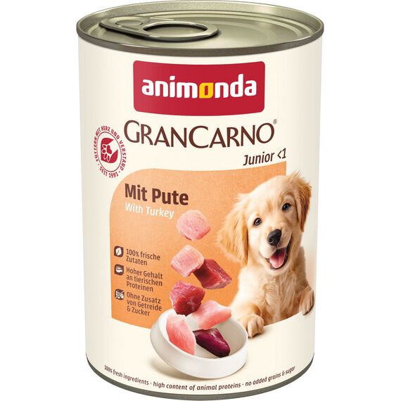 animonda GranCarno Hunde Nassfutter mit Pute (6 x 400g), Welpenfutter nass ohne Getreide für Junge Hunde, mit frischen fleischigen Zutaten, Junior Hundefutter