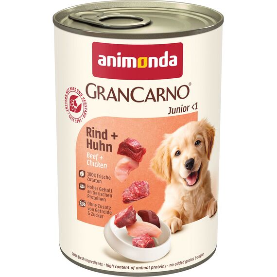 animonda GranCarno Hunde Nassfutter mit Rind + Huhn (6 x 400g), Welpenfutter nass ohne Getreide für Junge Hunde, mit frischen fleischigen Zutaten, Junior Hundefutter