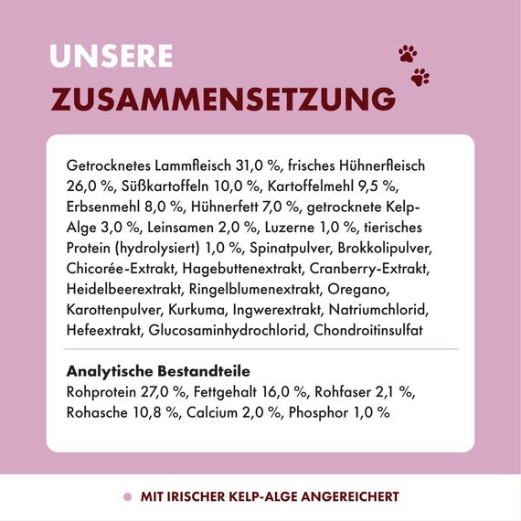 Irish Pure Trockenfutter Adult | 1,5kg | Weidelamm & Freiland-Huhn mit Kelp-Alge | Hoher Fleischanteil | Getreidefrei | Sensitiv | Hundetrockenfutter | Hundefutter für alle Rassen