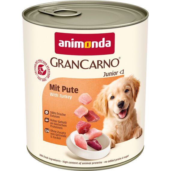 animonda GranCarno Junior mit Pute (6 x 800 g), Welpenfutter für Jungtiere, Nassfutter für Hunde mit 100% frischen, fleischlichen Zutaten, Hundefutter ohne Getreide