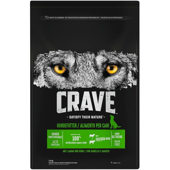 Crave Premium Trockenfutter mit Lamm & Rind für Hunde – Getreidefreies Adult Hundefutter mit hohem Proteingehalt – 3 x 2,8 kg