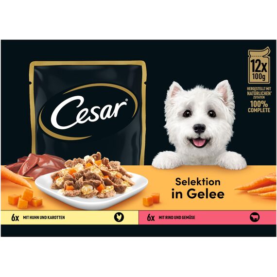 CESAR Adult Hundefutter nass - 4x12x100g Portionsbeutel - mit Huhn & Rind - Hundenassfutter in Gelee – Ausgewogenes Premium Nassfutter für Hunde - 4er Pack