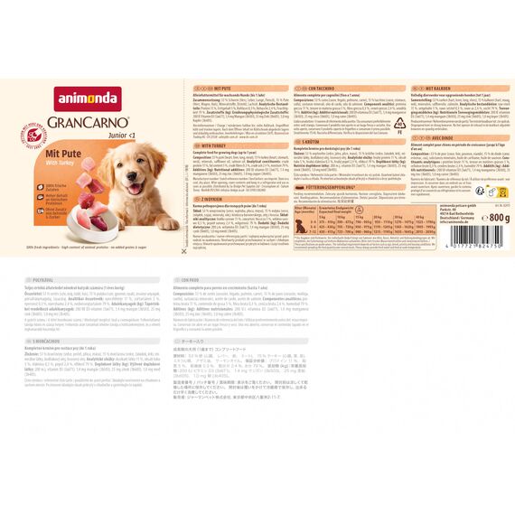 animonda GranCarno Junior mit Pute (6 x 800 g), Welpenfutter für Jungtiere, Nassfutter für Hunde mit 100% frischen, fleischlichen Zutaten, Hundefutter ohne Getreide
