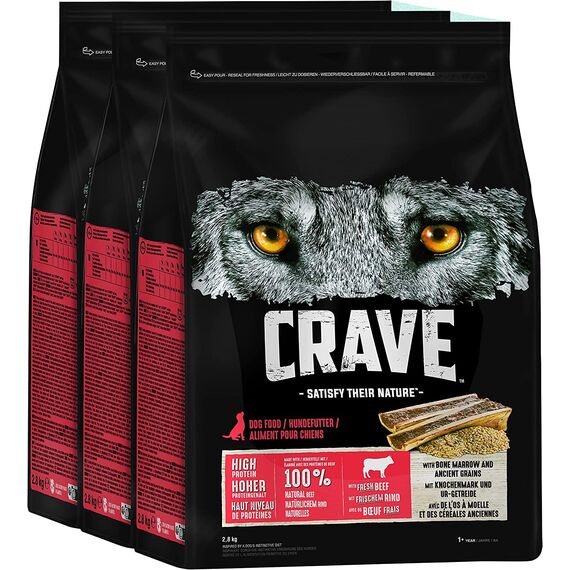 Crave Premium Trockenfutter Rind mit Knochenmark und Urgetreide für Hunde – Getreidefreies Adult Hundefutter mit hohem Proteingehalt – 3 x 2,8 kg