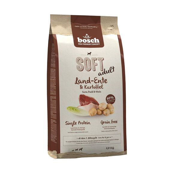 bosch HPC SOFT Land-Ente & Kartoffel | halbfeuchtes Hundefutter für ausgewachsene Hunde aller Rassen | Single Protein | grain-free | 1 x 1 kg