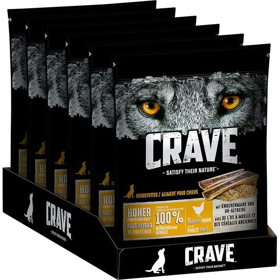 Crave Premium Trockenfutter Huhn mit Knochenmark und Urgetreide für Hunde – Getreidefreies Adult Hundefutter mit hohem Proteingehalt – 6 x 1 kg