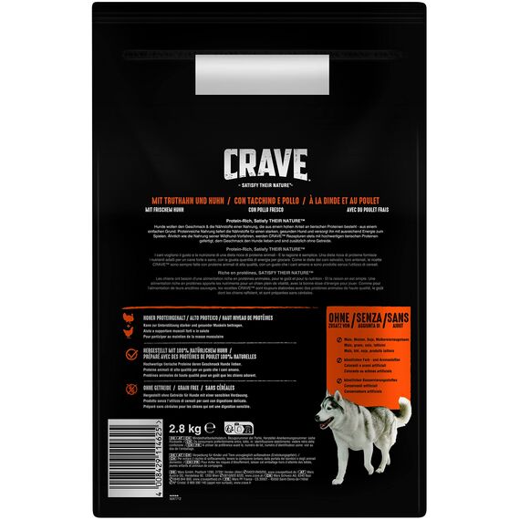 Crave Adult Trockenfutter mit Truthahn & Huhn, 3 Beutel, 3x2,8kg – Premium Hundefutter trocken mit hohem Proteingehalt und ohne Getreide – Hergestellt mit 100 Prozent natürlichem Huhn