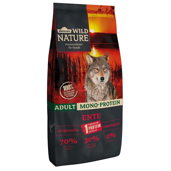 Dehner Wild Nature Hundefutter Mono Protein, Trockenfutter getreidefrei / zuckerfrei, für ausgewachsene Hunde, Ente / Fisch, 12 kg