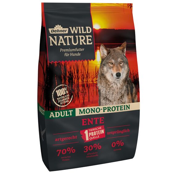 Dehner Wild Nature Hundefutter Mono Protein, Trockenfutter getreidefrei / zuckerfrei, für ausgewachsene Hunde, Ente / Fisch, 4 kg