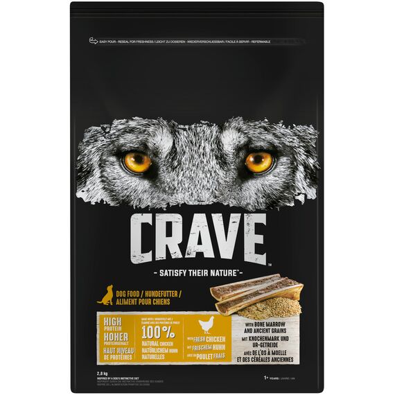 Crave Premium Trockenfutter Huhn mit Knochenmark und Urgetreide für Hunde – Getreidefreies Adult Hundefutter mit hohem Proteingehalt – 3 x 2,8 kg