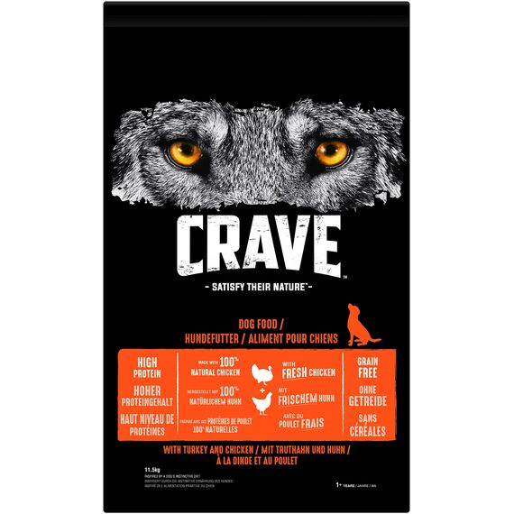 Crave Adult Trockenfutter mit Truthahn & Huhn, 11,5kg (1 Beutel) – Premium Hundefutter trocken mit hohem Proteingehalt und ohne Getreide – Hergestellt mit 100 Prozent natürlichem Huhn