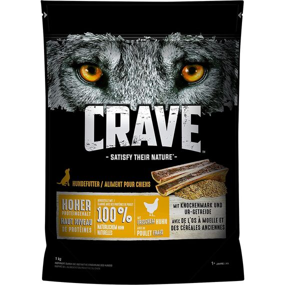 Crave Premium Trockenfutter Huhn mit Knochenmark und Urgetreide für Hunde – Getreidefreies Adult Hundefutter mit hohem Proteingehalt – 6 x 1 kg