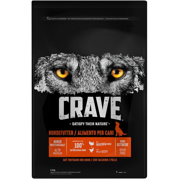 Crave Adult Trockenfutter mit Truthahn & Huhn, 3 Beutel, 3x2,8kg – Premium Hundefutter trocken mit hohem Proteingehalt und ohne Getreide – Hergestellt mit 100 Prozent natürlichem Huhn
