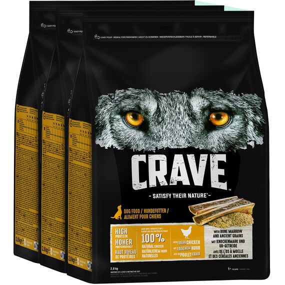 Crave Premium Trockenfutter Huhn mit Knochenmark und Urgetreide für Hunde – Getreidefreies Adult Hundefutter mit hohem Proteingehalt – 3 x 2,8 kg