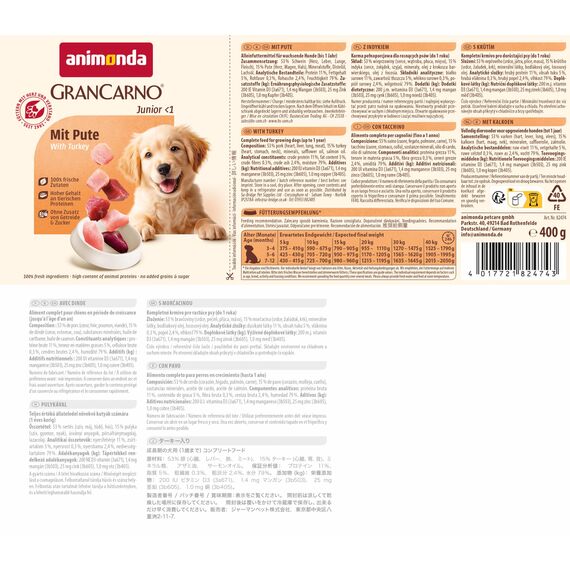 animonda GranCarno Hunde Nassfutter mit Pute (6 x 400g), Welpenfutter nass ohne Getreide für Junge Hunde, mit frischen fleischigen Zutaten, Junior Hundefutter