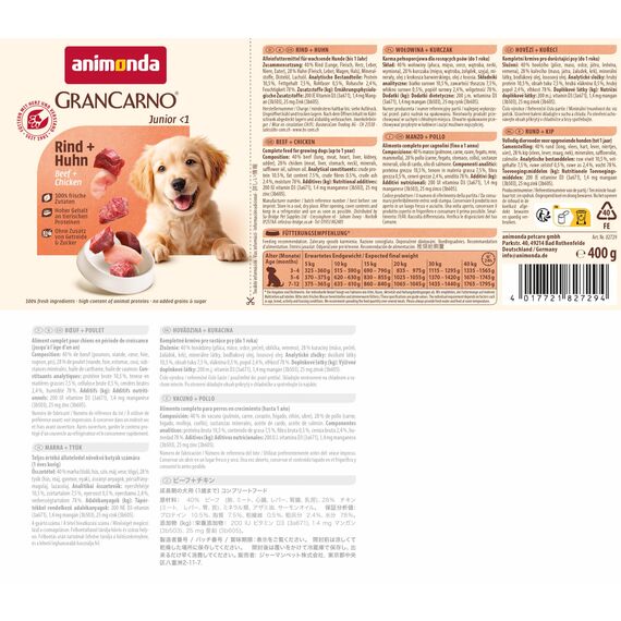 animonda GranCarno Hunde Nassfutter mit Rind + Huhn (6 x 400g), Welpenfutter nass ohne Getreide für Junge Hunde, mit frischen fleischigen Zutaten, Junior Hundefutter