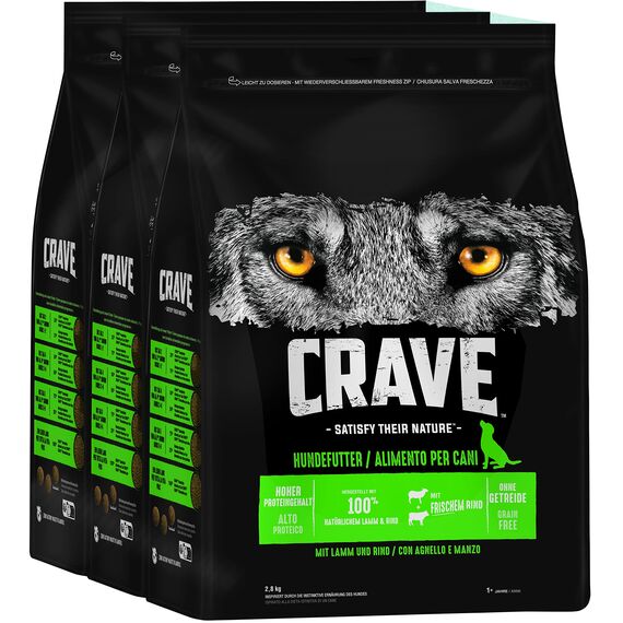 Crave Premium Trockenfutter mit Lamm & Rind für Hunde – Getreidefreies Adult Hundefutter mit hohem Proteingehalt – 3 x 2,8 kg