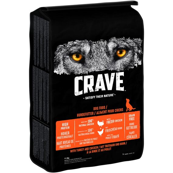 Crave Adult Trockenfutter mit Truthahn & Huhn, 11,5kg (1 Beutel) – Premium Hundefutter trocken mit hohem Proteingehalt und ohne Getreide – Hergestellt mit 100 Prozent natürlichem Huhn