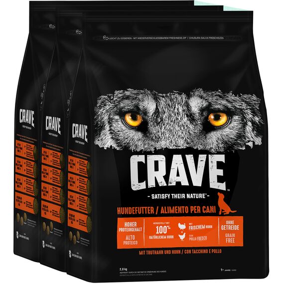 Crave Adult Trockenfutter mit Truthahn & Huhn, 3 Beutel, 3x2,8kg – Premium Hundefutter trocken mit hohem Proteingehalt und ohne Getreide – Hergestellt mit 100 Prozent natürlichem Huhn