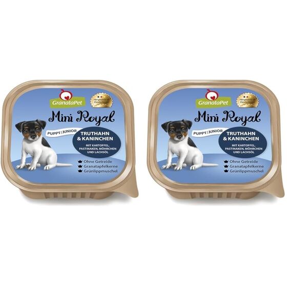 GranataPet Mini Royal Truthan & Kaninchen Junior, Nassfutter für Hunde, Hundefutter ohne Getreide & ohne Zuckerzusatz, Alleinfuttermittel für heranwachsende Hunde, 11 x 150 g (Packung mit 2)