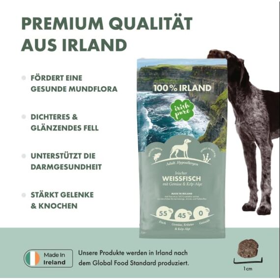 Irish Pure 4kg Trockenfutter Adult | Irischer Weißfisch mit Gemüse & Kelp-Alge | Hoher Fleischanteil | Getreidefrei | Hypoallergen | Single-Protein Hundefutter für ausgewachsene Hunde Aller Rassen