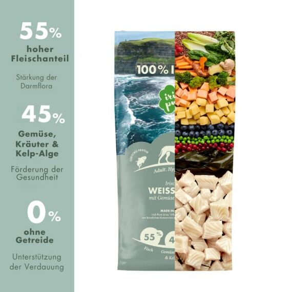 Irish Pure 1.5kg Trockenfutter Adult | Irischer Weißfisch mit Gemüse & Kelp-Alge | Hoher Fleischanteil | Getreidefrei | Hypoallergen | Single-Protein Hundefutter für ausgewachsene Hunde Aller Rassen