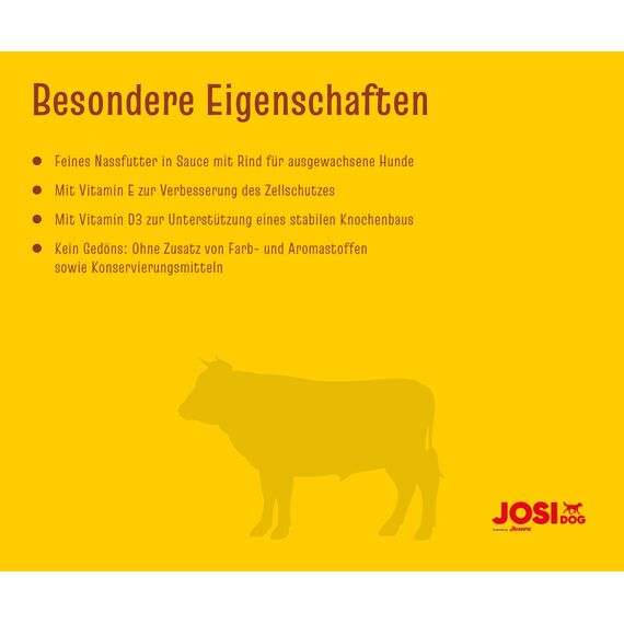 JosiDog Beef in Sauce (12 x 415 g) | Adult | Premium Nassfutter für ausgewachsene Hunde | mit Rind in Sauce mit Vitamin D3 & E | Powered by JOSERA | Hundefutter nass | Alleinfutter | 12er Pack