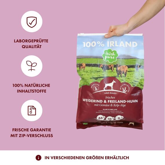 Irish Pure Trockenfutter Adult | 12kg | Weiderind & Freiland-Huhn mit Kelp-Alge | Hoher Fleischanteil | Getreidefrei | Sensitiv | Hundetrockenfutter | Hundefutter für alle Rassen