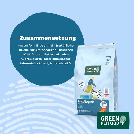 Green Petfood InsectDog Hypoallergen mit Insekten (1 x 3 kg) | Adult | Premium Trockenfutter für ausgewachsene allergische Hunde | getreidefrei | nachhaliges Hundefutter | German Quality | 1er Pack
