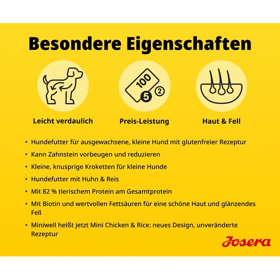 JOSERA Mini Adult Huhn & Reis (1 x 3 kg) | Premium Trockenfutter für ausgewachsene Hunde Kleiner Rassen | mit Biotin für Haut & Fell | kleine Kroketten | extraverträglich | gluternfrei | 1er Pack