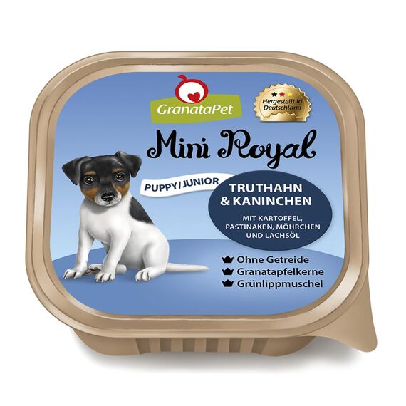 GranataPet Mini Royal Truthan & Kaninchen Junior, Nassfutter für Hunde, Hundefutter ohne Getreide & ohne Zuckerzusatz, Alleinfuttermittel für heranwachsende Hunde, 11 x 150 g