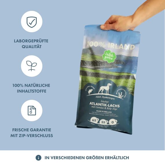 Irish Pure Hypoallergenes Trockenfutter Adult | 12kg | Atlantik-Lachs mit Kelp-Alge & Gemüse | Hoher Fleischanteil | Getreidefrei | Sensitiv | Hundetrockenfutter | Für alle Rassen