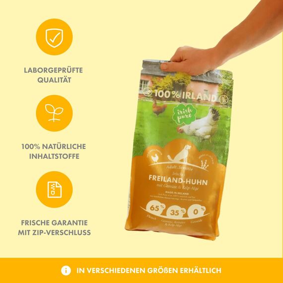 Irish Pure Trockenfutter Adult | 12kg | Freiland-Huhn mit Kelp-Alge & Gemüse | Hoher Fleischanteil | Getreidefrei | Sensitiv | Hundetrockenfutter | Hundefutter für alle Rassen
