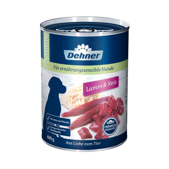 Dehner Premium Hundefutter Sensitive, Nassfutter zuckerfrei / getreidefrei, für ausgewachsene ernährugssensible Hunde, Lamm / Reis, 6 x 400 g Dose (2.4 kg)