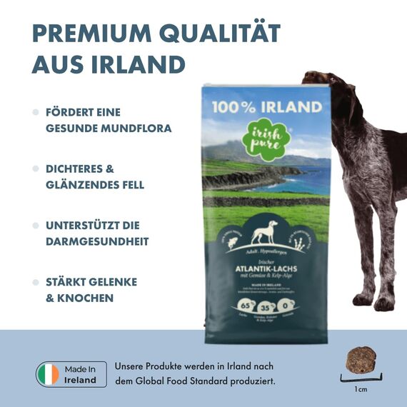 Irish Pure Hypoallergenes Trockenfutter Adult | 1,5kg | Atlantik-Lachs mit Kelp-Alge & Gemüse | Hoher Fleischanteil | Getreidefrei | Sensitiv | Hundetrockenfutter | Für alle Rassen