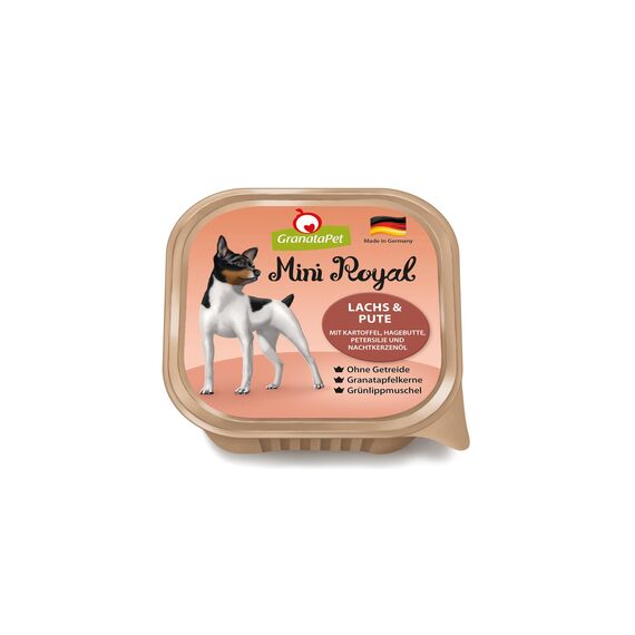 GranataPet Mini Royal Lachs & Pute, Nassfutter für Hunde, Hundefutter ohne Getreide & ohne Zuckerzusatz, Alleinfuttermittel für ausgewachsene Hunde, 11 x 150 g