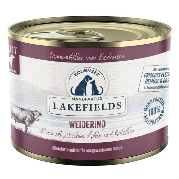 Lakefields Premium Hundefutter Nass | Rind 61% | 200g | Getreidefreies Nassfutter für Hunde | Natürliche Zutaten in Lebensmittelqualität | Äpfel, Zucchini & Karotten | Schonend gegart