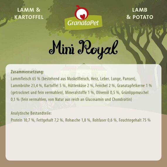 GranataPet Mini Royal Lamm & Kartoffel, Nassfutter für Hunde, Hundefutter ohne Getreide & ohne Zuckerzusatz, Alleinfuttermittel für ausgewachsene Hunde, 11 x 150 g