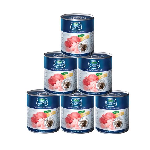 Dehner Premium Hundefutter, Nassfutter getreidefrei, für ausgewachsene Hunde, Rind / Huhn, 6 x 800 g Dose (4.8 kg)